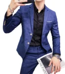 ( Blazer + Pants ) Men's Fashion Boutique Dark Plaid Casual Business Suit Formal Groom Wedding Dress Tuxedo Blue Black