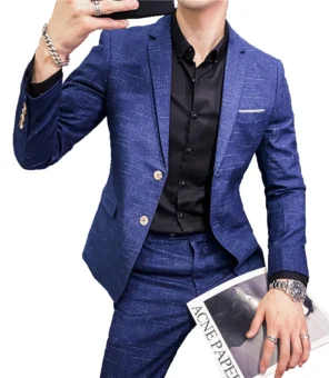 ( Blazer + Pants ) Men's Fashion Boutique Dark Plaid Casual Business Suit Formal Groom Wedding Dress Tuxedo Blue Black