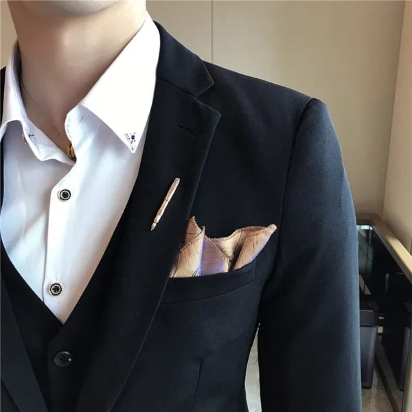 ( Jacket + Vest + Pants ) Left ROM Solid Color Suit 3-piece Suit Korean Style Men's Slim Dress Groom Wedding Dress Prom Tuxedo - Image 3