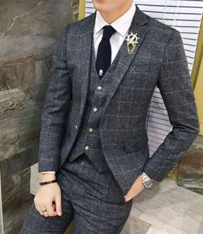 ( Jacket + Vest + Pants ) Men's England Plaid Casual Suit Mens Classic Single Button Official Suit Groom Wedding Dress Suit