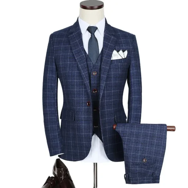 3-piece Set ( Jacket + Vest + Pants ) High-end Brand Boutique Men's Plaid Formal Suit Groom Wedding Dress Banquet Suit Mens Set - Image 2