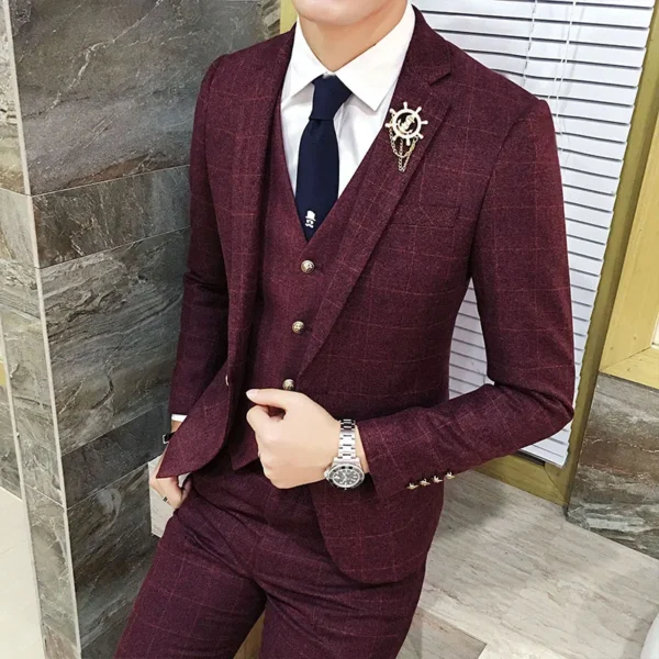 ( Jacket + Vest + Pants ) Men's England Plaid Casual Suit Mens Classic Single Button Official Suit Groom Wedding Dress Suit - Image 3