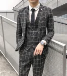 ( Jacket + Vest + Pants ) Men's Fashion Boutique Plaid Formal Business Suit Slim Plaid Wedding Mens Suit Beige Gray Black Blue