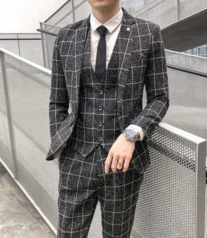 ( Jacket + Vest + Pants ) Men's Fashion Boutique Plaid Formal Business Suit Slim Plaid Wedding Mens Suit Beige Gray Black Blue