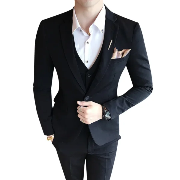 ( Jacket + Vest + Pants ) Left ROM Solid Color Suit 3-piece Suit Korean Style Men's Slim Dress Groom Wedding Dress Prom Tuxedo - Image 6