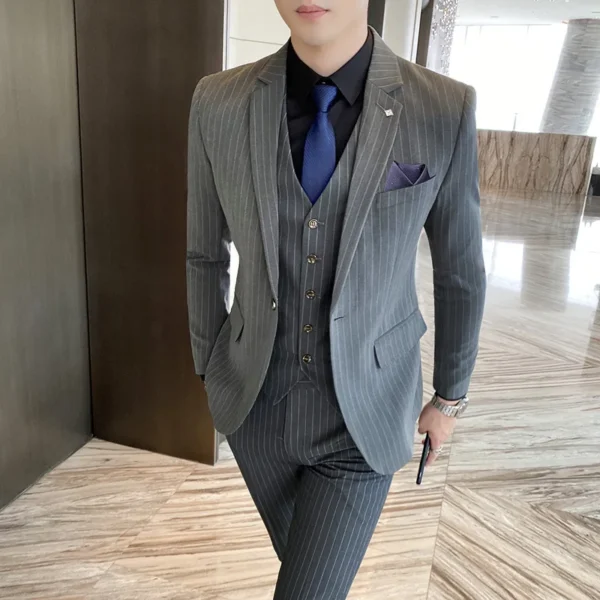 ( Jacket + Vest + Pants ) Prom Groom Tuxedos Latest Designs Male Wedding Suits 3Pcs Set Men's striped casual business suit - Image 4
