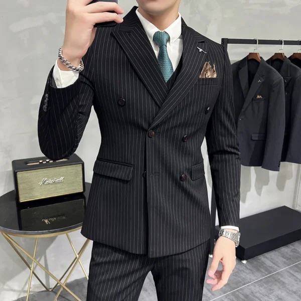 ( Blazer+Vest+Pants ) Groom Wedding Male Suit Luxury Brand Fashion Striped Men's Casual Business Office Double Breasted Suit - Image 4