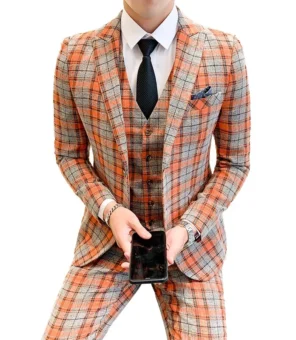 ( Jackets + Vest + Pants ) New Fashion Boutique Plaid Mens Casual Business Suit Groom Wedding Dress Suit 3pces Set Male Blazer