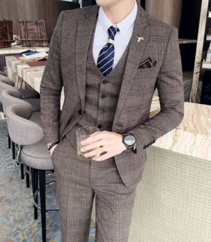 S-7XL (Jacket+Vest+Pants) Fashion Boutique Lattice Formal Business Mens Suit 3Pcs Set Groom Wedding Dress Plaid Suit Show Stage