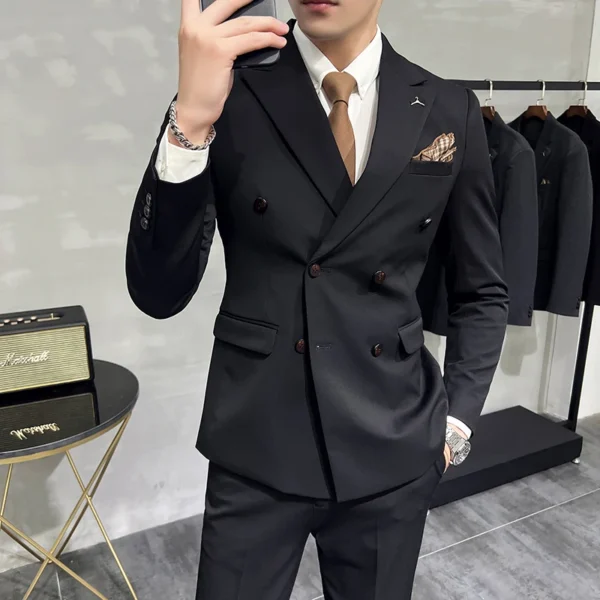 ( Blazers + Pants ) Boutique Fashion Solid Color Double-breasted Men's Casual Business Slim Suit 2-piece Set Groom Wedding Dress - Image 5