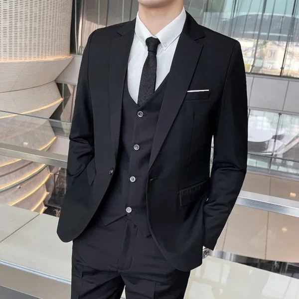 Boutique Solid Color Men's Casual Office Business Suit Three and Two Piece Set Groom Wedding Dress Blazer Waistcoat Trousers - Image 2