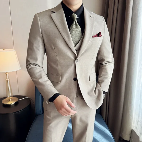 Wool 6% (Jakcet + Vest + Pants ) High-end Brand Mens Solid Color Leisure Business Suit 3Pcs Sets Groom Wedding Dress Party Suit - Image 3