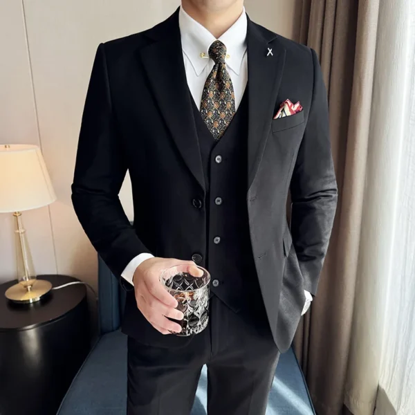 Wool 6% (Jakcet + Vest + Pants ) High-end Brand Mens Solid Color Leisure Business Suit 3Pcs Sets Groom Wedding Dress Party Suit - Image 4