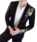2024 New Luxury Gold Print Blazer Slim Fit Men Blazer Stage Cloth Social Party Wedding Dress Male Black Suit Jacket