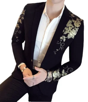 2024 New Luxury Gold Print Blazer Slim Fit Men Blazer Stage Cloth Social Party Wedding Dress Male Black Suit Jacket
