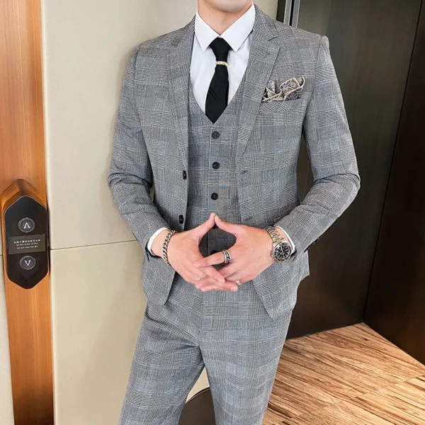 Jacket Vest Pants Spring Autumn Thick Luxury Houndstooth Plaid Formal Business Men's Suit Groom Wedding Dress Stage Slim Suit - Image 2
