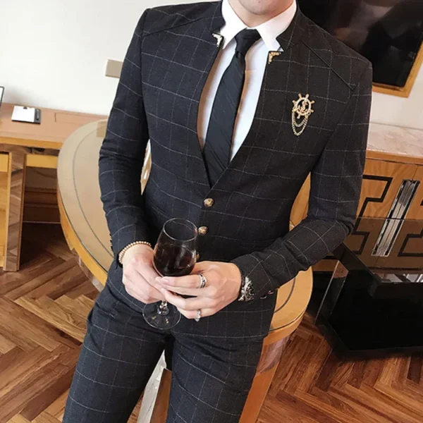 ( Jacket Pants ) High-end Brand Casual Business Mens Slim Suit Plaid Groom Wedding Dress Male Formal Stand Collar Suits 2pcs Set - Image 3