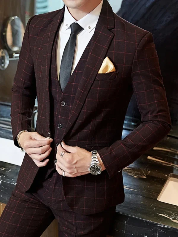 Blazer Vest Pants Groom Wedding Dress Stage Party Suit Three Piece Set and Two Piece Set Mens casual business classic plaid suit - Image 4