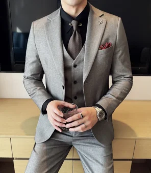 Wool 6% (Jakcet + Vest + Pants ) High-end Brand Mens Solid Color Leisure Business Suit 3Pcs Sets Groom Wedding Dress Party Suit