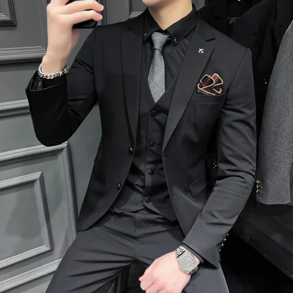 ( Blazer + Vest + Pants ) Boutique Fashion Solid Color Men's Slim Casual Business Suit Three-piece Set Groom Wedding Dress Party - Image 4