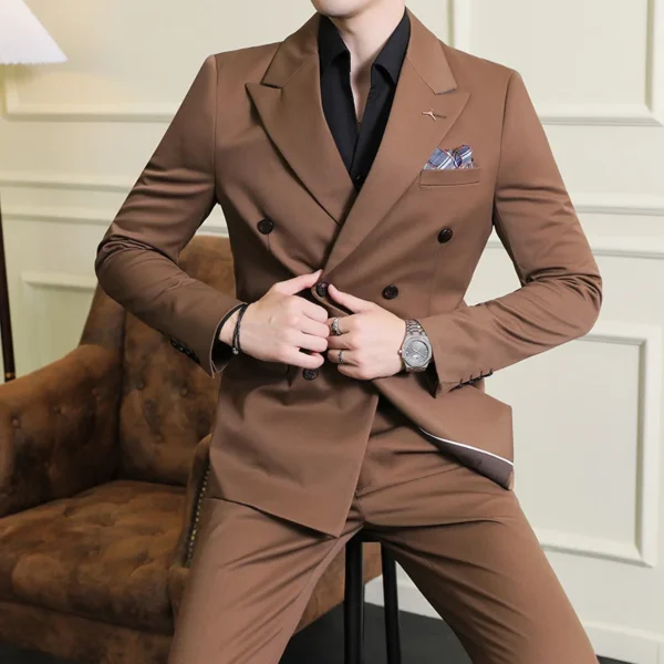 ( Blazers + Pants ) Boutique Fashion Solid Color Double-breasted Men's Casual Business Slim Suit 2-piece Set Groom Wedding Dress - Image 4
