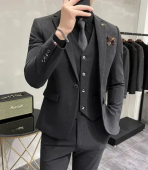 ( Jacket + Vest + Pants ) High-end Brand Boutique Fashion Solid Color Mens Casual Business Suit 3Piece Set Groom Wedding Dress