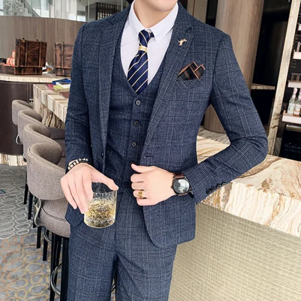 S-7XL (Jacket+Vest+Pants) Fashion Boutique Lattice Formal Business Mens Suit 3Pcs Set Groom Wedding Dress Plaid Suit Show Stage - Image 4