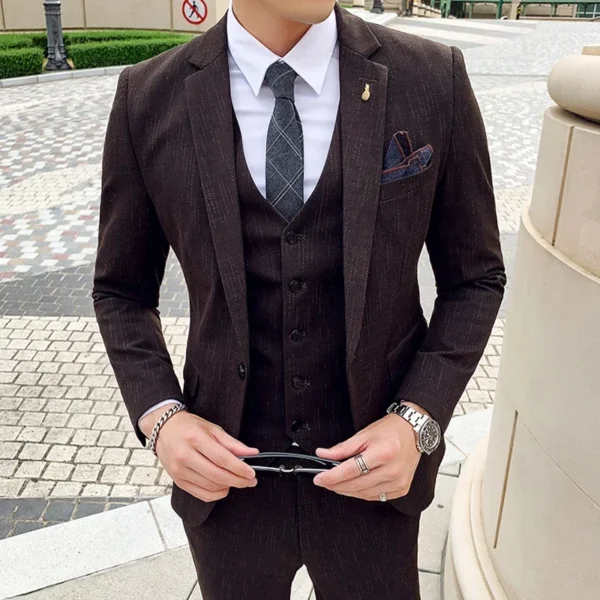 ( Blazer + Vest + Pants ) High-end Formal Casual Business Striped Fashion Men's 3 Piece Suit Groom Wedding Dress Suit - Image 3