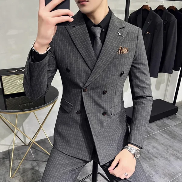 M-7XL ( Blazer + Pants ) Luxury Classic Striped Men's Official Office Casual Business Double -breasted Suit Groom Wedding Gown - Image 2