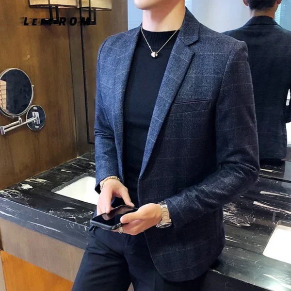 Vintage Plaid Blazer British Stylish Male Blazer Suit Jacket Business Casual One Button Blazer for Men Regular Abrigo Hombre - Image 2