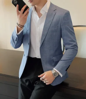 Stylish and Trendy Men's Slim Boutique Fashion Casual Plaid Suit Blazer Jacket Single Button Luxury Vintage Blue Suit Coat