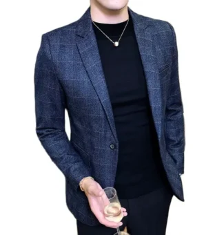 Vintage Plaid Blazer British Stylish Male Blazer Suit Jacket Business Casual One Button Blazer for Men Regular Abrigo Hombre