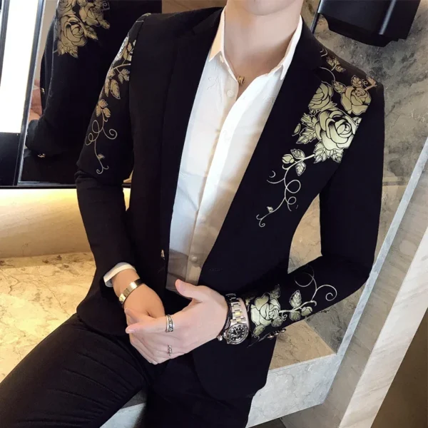 2024 New Luxury Gold Print Blazer Slim Fit Men Blazer Stage Cloth Social Party Wedding Dress Male Black Suit Jacket - Image 4