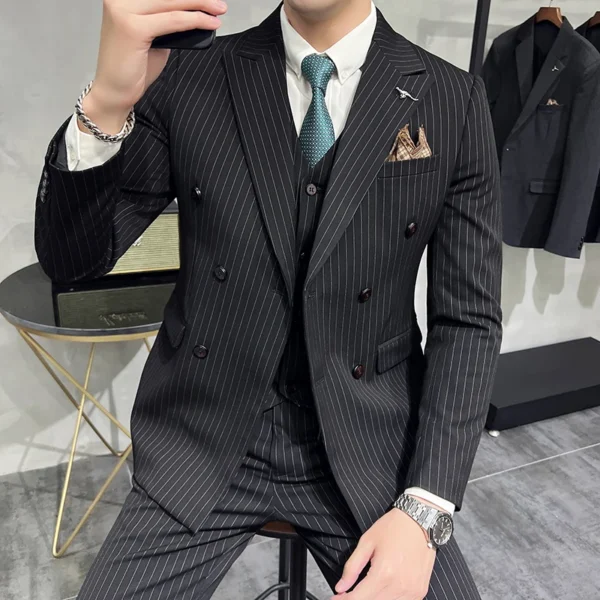 ( Blazer+Vest+Pants ) Groom Wedding Male Suit Luxury Brand Fashion Striped Men's Casual Business Office Double Breasted Suit - Image 3