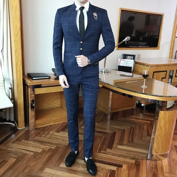 ( Jacket Pants ) High-end Brand Casual Business Mens Slim Suit Plaid Groom Wedding Dress Male Formal Stand Collar Suits 2pcs Set - Image 5