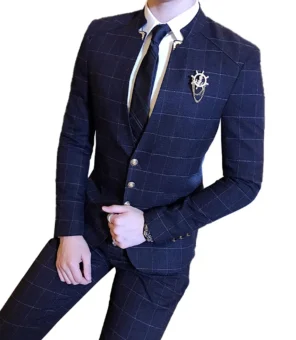 ( Jacket Pants ) High-end Brand Casual Business Mens Slim Suit Plaid Groom Wedding Dress Male Formal Stand Collar Suits 2pcs Set