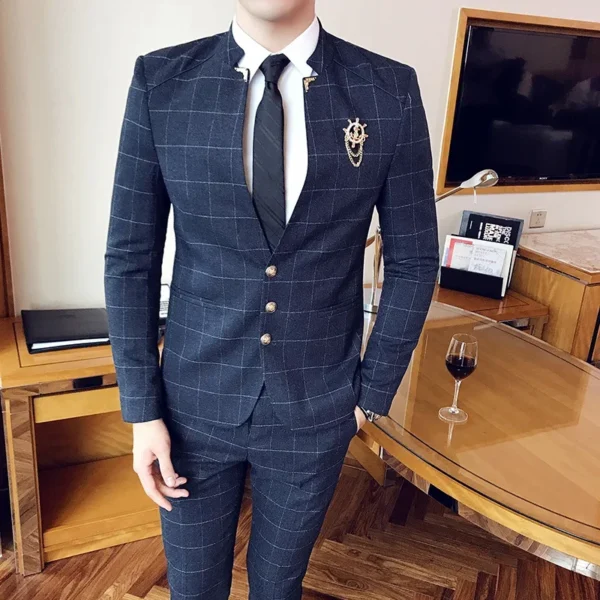 ( Jacket Pants ) High-end Brand Casual Business Mens Slim Suit Plaid Groom Wedding Dress Male Formal Stand Collar Suits 2pcs Set - Image 4