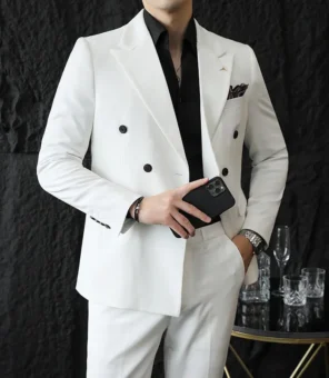 ( Blazers + Pants ) Boutique Fashion Solid Color Double-breasted Men's Casual Business Slim Suit 2-piece Set Groom Wedding Dress