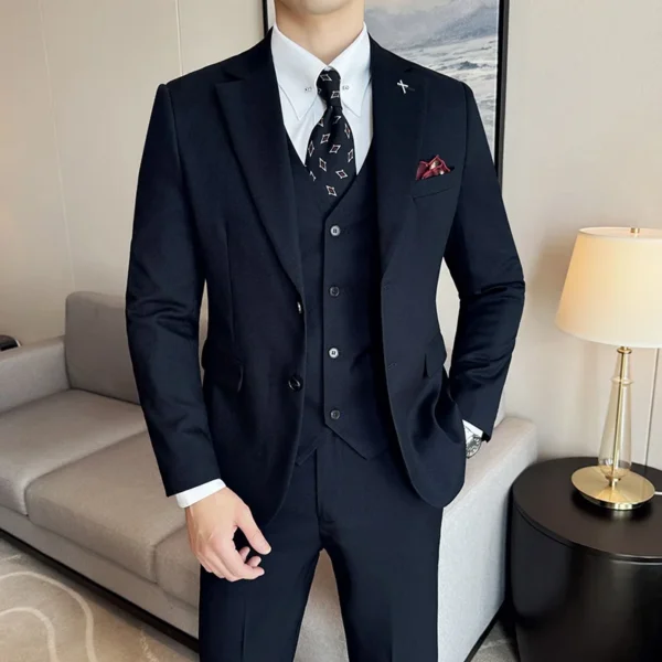 Wool 6% (Jakcet + Vest + Pants ) High-end Brand Mens Solid Color Leisure Business Suit 3Pcs Sets Groom Wedding Dress Party Suit - Image 5