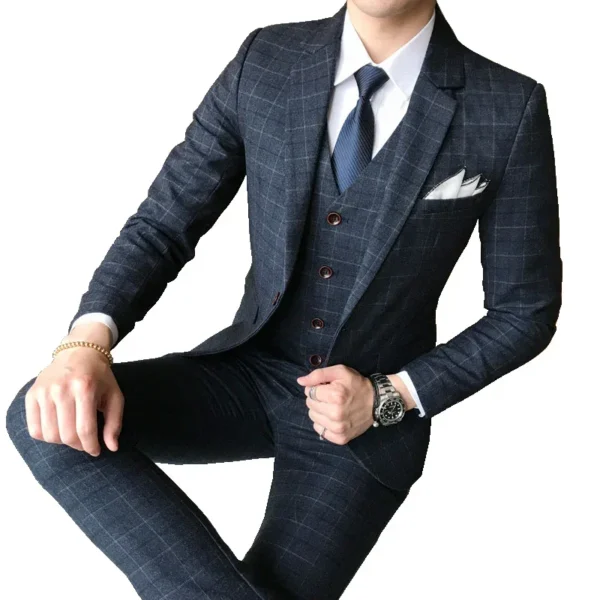 ( Jacket + Vest + Pants ) Mens Suit 3 Piece Fashion Boutique Plaid Wedding Business Casual Men Blazer Wedding Party Dress Suits - Image 3