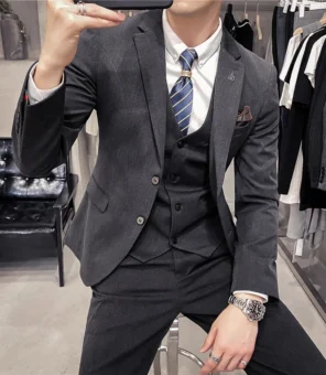 S-7XL ( Blazer + Vest + Pants ) Striped Plaid Solid Color Mens Formal Business Suit 3Pcs Set Groom Wedding Social Show Dress
