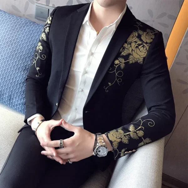 2024 New Luxury Gold Print Blazer Slim Fit Men Blazer Stage Cloth Social Party Wedding Dress Male Black Suit Jacket - Image 2