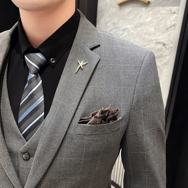 ( Blazer + Vest + Pants ) High-end Retro Fashion Plaid Casual Business Men's Suit 3 Pcs Set Groom Groomsmen Party Wedding Dress - Image 5
