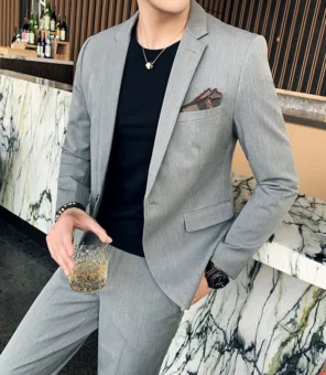 Blazer + Pants High-end Brand Solid Color and Plaid Mens Formal Business Slim Suit 2 Piece Set Groom Wedding Dress Party Stage