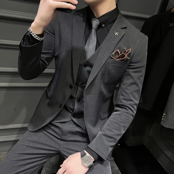 ( Blazer + Vest + Pants ) Boutique Fashion Solid Color Men's Slim Casual Business Suit Three-piece Set Groom Wedding Dress Party - Image 3