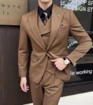 ( Blazer + Vest + Pants ) High-end Brand Boutique Fashion Solid Color Slim Suit 3piece Set Groom Wedding Dress Party Suit