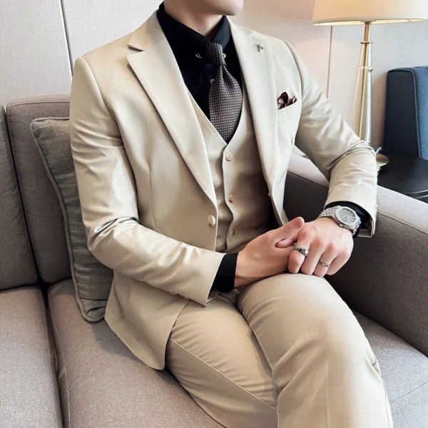 Wool 6% (Jakcet + Vest + Pants ) High-end Brand Mens Solid Color Leisure Business Suit 3Pcs Sets Groom Wedding Dress Party Suit - Image 2