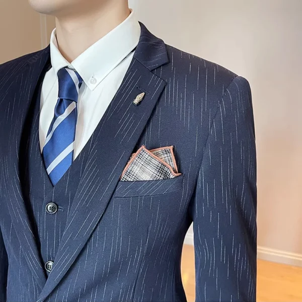 ( Blazer + Vest + Pants ) High-end Formal Casual Business Striped Fashion Men's 3 Piece Suit Groom Wedding Dress Suit - Image 5
