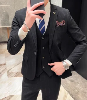 ( Blazer + Vest + Pants ) High-end Retro Fashion Plaid Casual Business Men's Suit 3 Pcs Set Groom Groomsmen Party Wedding Dress