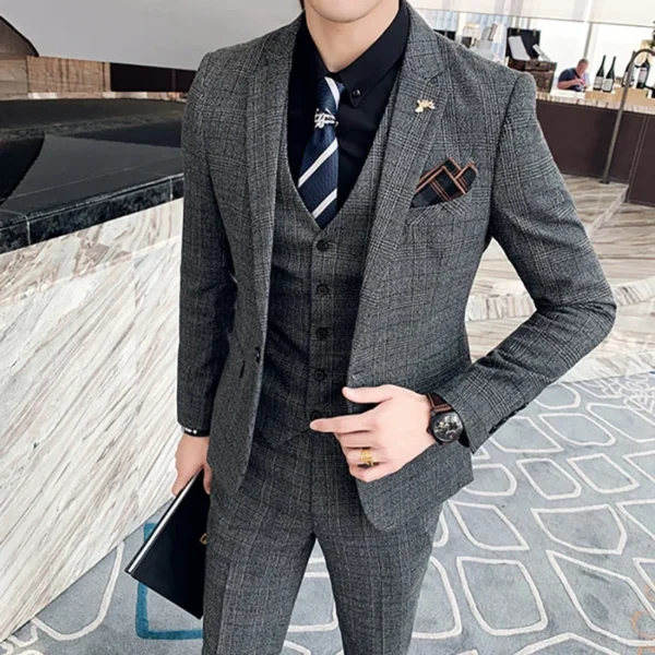 S-7XL (Jacket+Vest+Pants) Fashion Boutique Lattice Formal Business Mens Suit 3Pcs Set Groom Wedding Dress Plaid Suit Show Stage - Image 3